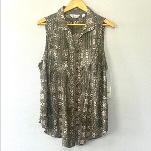 Caffe‎ Marrahesh Green and Tan Relaxed Blouse with Notched Collar